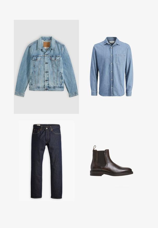 Chaqueta vaquera azul clara con botones delanteros, dos bolsillos de solapa en el pecho con botones y dos bolsillos laterales, colocada plana sobre un fondo gris.; Camisa de mezclilla de color azul claro con cuello button-down, mangas largas, un bolsillo en el pecho y logo bordado en el bolsillo.; Jeans de mezclilla azul oscuro con un diseño de pierna recta, costuras naranjas y estilo de cinco bolsillos con cierre de botón metálico.; Botín Chelsea de cuero marrón con paneles laterales elásticos, tirador en bucle y un tacón bajo apilado. Textura suave y silueta elegante.