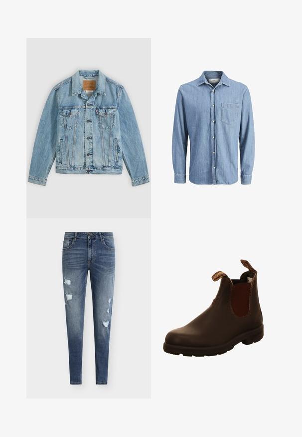 Lyseblå denimjakke med knapper foran, to brystklaplommer med knapper og to sidelommer, lagt fladt på en grå baggrund.; Lysblå denimskjorte med knap-ned krave, lange ærmer, enkelt brystlomme og broderet logo på lommen.; Smaltsiddende blå denimjeans med slidte detaljer, flere revner og en falmet vask. Har fem-lomme-design og bæltestropper.; Brune læderankelbukser med elastiske sidepaneler, trækremme og struktureret gummisål. Glat overflade med kontrasterende syninger.