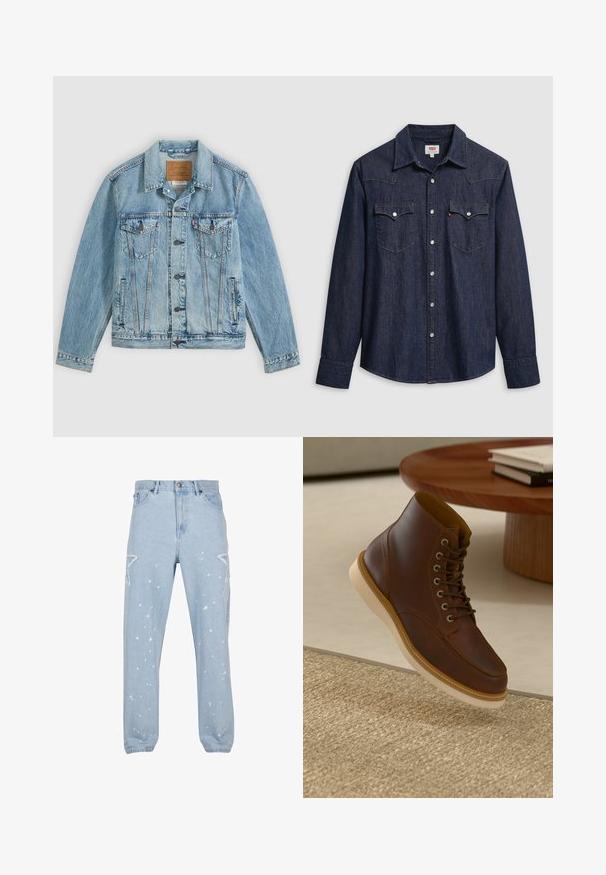 Chaqueta vaquera azul clara con botones delanteros, dos bolsillos de solapa en el pecho con botones y dos bolsillos laterales, colocada plana sobre un fondo gris.; Camisa de mezclilla azul oscuro con cuello puntiagudo, botones a presión y bolsillos en el pecho. Cuenta con detalles de costura y mangas largas.; Jeans de mezclilla azul claro con un ajuste relajado, que cuentan con recortes en forma de estrella, manchas de pintura y un diseño clásico de cinco bolsillos.; Botín de cuero marrón con suela beige sobre una alfombra beige texturizada al lado de una mesa redonda de madera con libros apilados.