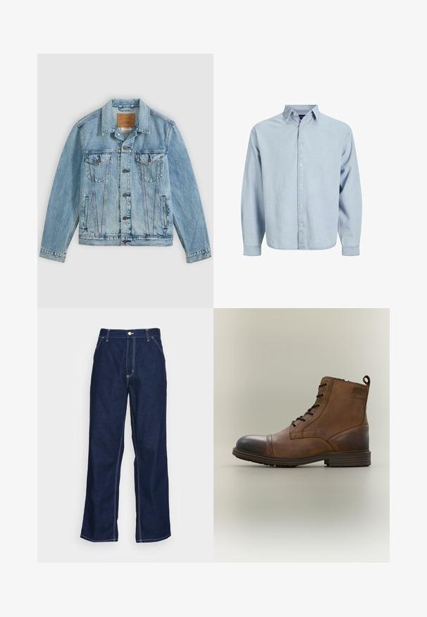 Hellblaue Jeansjacke mit Knopfleiste vorne, zwei Brustklappentaschen mit Knöpfen und zwei seitlichen Leistentaschen, flach auf grauem Hintergrund liegend.; Hellblaues Hemd mit Knöpfen aus weichem Denimstoff. Verfügt über einen Kragen, lange Ärmel und einen geraden Saum. Fünf Knöpfe vorne.; Dunkelblaue Denim-Hosen mit weitem Bein, hoher Taille, Fronttaschen und kontrastierendem weißen Nähten entlang der Säume.; Brauner Leder-Schnürstiefel bis zum Knöchel mit schwarzer Zehenkappe, runder Sohle und Markenlabel an der Seite vor schlichtem Hintergrund.