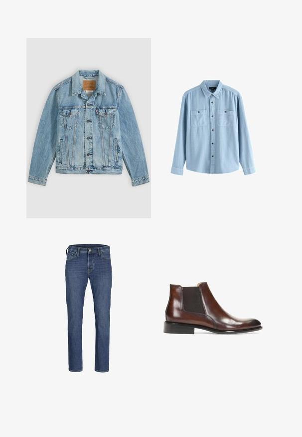 Hellblaue Jeansjacke mit Knopfleiste vorne, zwei Brustklappentaschen mit Knöpfen und zwei seitlichen Leistentaschen, flach auf grauem Hintergrund liegend.; Hellblaues Jeanshemd mit einem Kentkragen mit Knöpfen, zwei Vordertaschen und braunen Knöpfen. Lange Ärmel mit gerade geschnittenem Saum.; Herren Jeans aus blauem Denim mit geradem Bein, fünf Taschen und klassischem Knopf- und Reißverschluss.; Braune Leder-Stiefelette mit elastischen Seiteneinsätzen, glatter Oberfläche, genähten Details und einem niedrigen rechteckigen Absatz.
