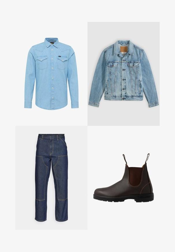 Lyseblå denimjakke med knapper foran, to brystklaplommer med knapper og to sidelommer, lagt fladt på en grå baggrund.; Lyseblå denimskjorte med lange ærmer, knaplukning, to brystlommer med knapper, spids krave og lille Lee-logo på venstre lomme.; Mørkeblå denim jeans med høj talje, lige ben-design, kontrastsyninger og lappelommer foran.; Brun læder Chelsea-støvle med elastisk sidepanel, brun syning, trækstropper og en holdbar gummisål med et tekstureret mønster.