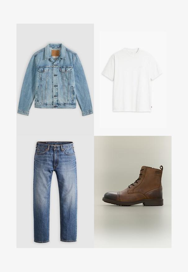 Veste en denim bleu clair avec fermeture à boutons sur le devant, deux poches poitrine à rabat avec boutons et deux poches latérales passepoilées, posée à plat sur un fond gris.; T-shirt en coton blanc à manches courtes, col rond, avec un logo "Levi's" discret imprimé en couleur claire sur le devant.; Jeans en denim bleu à jambe droite avec fermeture à bouton et fermeture éclair, cinq poches et coutures orange sur un fond gris clair.; Botte cheville en cuir marron à lacets avec bout noir, semelle ronde et détail de marque sur le côté sur fond uni.