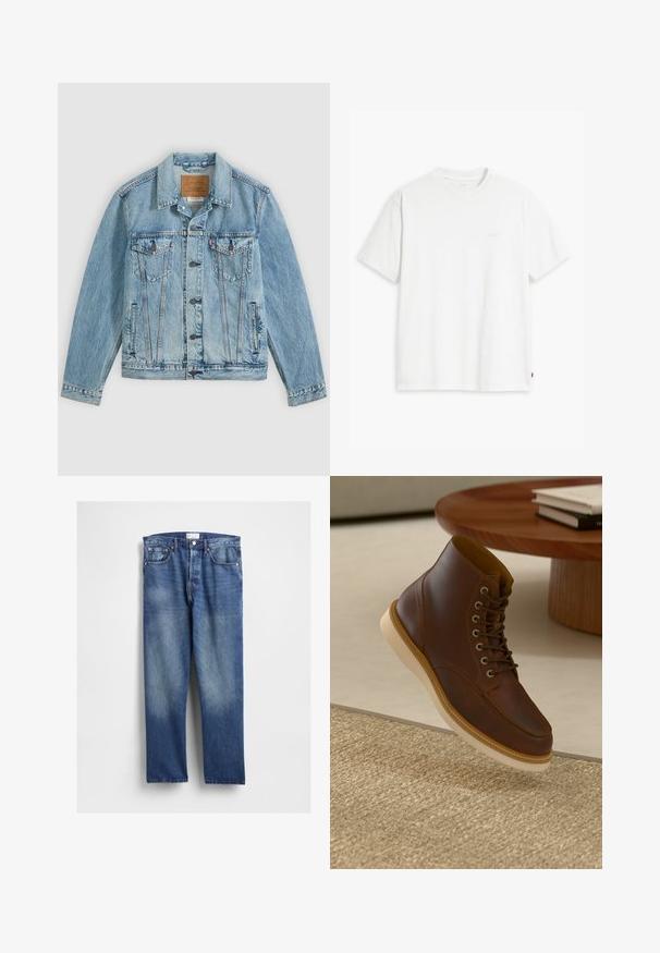 Hellblaue Jeansjacke mit Knopfleiste vorne, zwei Brustklappentaschen mit Knöpfen und zwei seitlichen Leistentaschen, flach auf grauem Hintergrund liegend.; Weißes Baumwoll-T-Shirt mit kurzen Ärmeln, rundem Ausschnitt und einem dezenten "Levi's"-Logo in heller Farbe auf der Vorderseite.; Blaue Denim-Jeans mit geradem Bein, vorne ausgeblichen, klassischem Fünf-Taschen-Design und Metallnieten an den Taschen.; Braune Leder-Ankle-Boots mit beiger Sohle auf einem strukturierten beigen Teppich neben einem runden Holztisch mit gestapelten Büchern.
