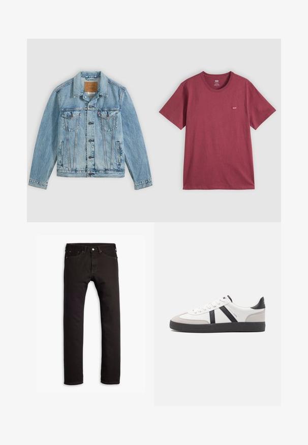 Lyseblå denimjakke med knapper foran, to brystklaplommer med knapper og to sidelommer, lagt fladt på en grå baggrund.; Ensfarvet bordeaux kortærmet t-shirt med rund hals og et lille rødt Levi's-logo på venstre bryst.; Sorte slim-fit jeans med fem lommer og knaplukning, præsenteret fladt på en hvid baggrund.; Hvide sneakers med sorte og grå detaljer, med en tekstureret grå tåhætte, sort gummisål og flade hvide snørebånd. Rent design, minimalistisk stil.