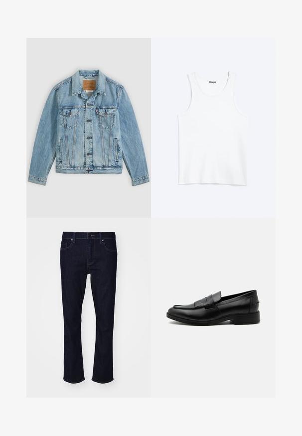 Veste en denim bleu clair avec fermeture à boutons sur le devant, deux poches poitrine à rabat avec boutons et deux poches latérales passepoilées, posée à plat sur un fond gris.; Débardeur blanc sans manches avec col rond et étiquette de la marque Weekday à l'intérieur du col arrière, présenté à plat sur un fond clair.; Jean denim bleu foncé avec une coupe droite, cinq poches et de subtils détails de couture. Fermeture par bouton et zip.; Mocassin homme en cuir noir avec détail pompon, bout arrondi, talon bas et finition polie lisse, montré de profil sur fond blanc.