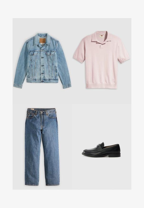 Chaqueta vaquera azul clara con botones delanteros, dos bolsillos de solapa en el pecho con botones y dos bolsillos laterales, colocada plana sobre un fondo gris.; Polo de manga corta rosa claro con cuello, tapeta con un solo botón y puños y bajo con canalé.; Jeans de mezclilla azul con un corte recto, que cuentan con una cintura alta, remaches de cobre y costuras naranjas. Incluyen bolsillos delanteros y traseros.; Mocasines de cuero negro con un acabado suave, que presentan una banda superior texturizada, tacón bajo y detalles de costura mínimos.
