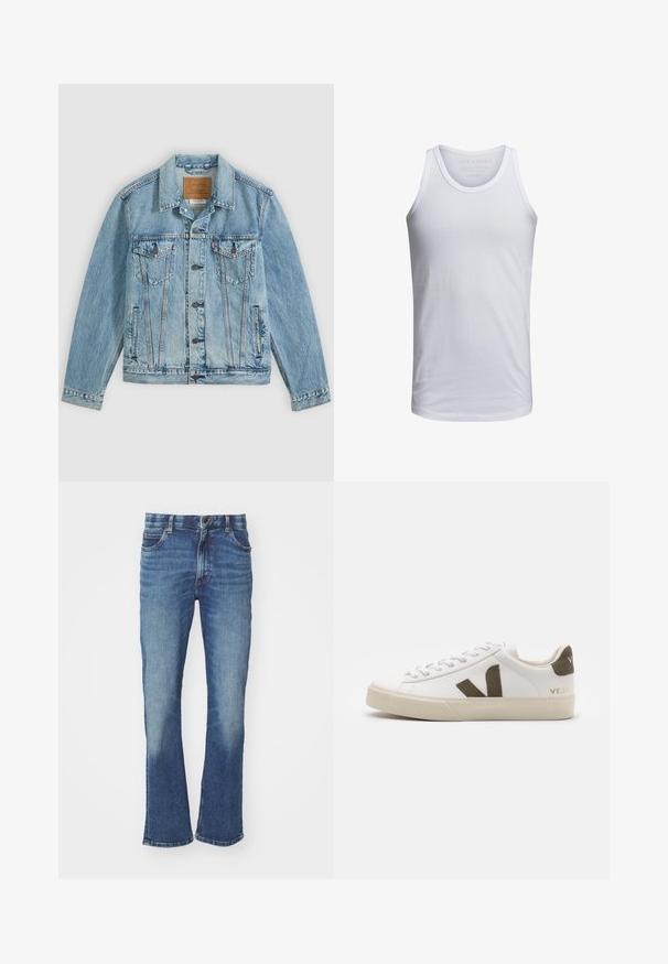 Lyseblå denimjakke med knapper foran, to brystklaplommer med knapper og to sidelommer, lagt fladt på en grå baggrund.; Hvid bomulds tank top med rund halsudskæring, brede skulderstropper og minimal branding trykt indeni kraven. Blød tekstur, afslappet pasform.; Blå denimjeans med en let bustrik, der har en falmet vask, fem lommer og en knaplukning.; Hvide læder sneakers med en lys beige gummisål. Har en brun ruskinds V-logo og hælflap. Snørret lukning med en struktureret overflade.