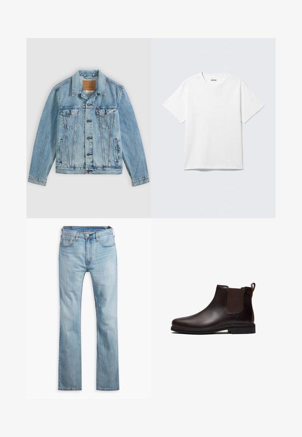 Hellblaue Jeansjacke mit Knopfleiste vorne, zwei Brustklappentaschen mit Knöpfen und zwei seitlichen Leistentaschen, flach auf grauem Hintergrund liegend.; Weißes T-Shirt mit kurzen Ärmeln und Rundhalsausschnitt, flach liegend, schlichtes Design, mit „WEEKDAY“-Etikett innen im Kragen auf hellem Hintergrund.; Hellblaue Jeans aus Denim, mit geradem Bein, fünf Taschen, kontrastierenden Nähten und einem Knopfverschluss am Bund.; Dunkelbrauner Chelsea-Lederstiefel mit elastischer Seitenpartie, Zuglasche an der Ferse und schwarzer Gummisohle, seitlich dargestellt.