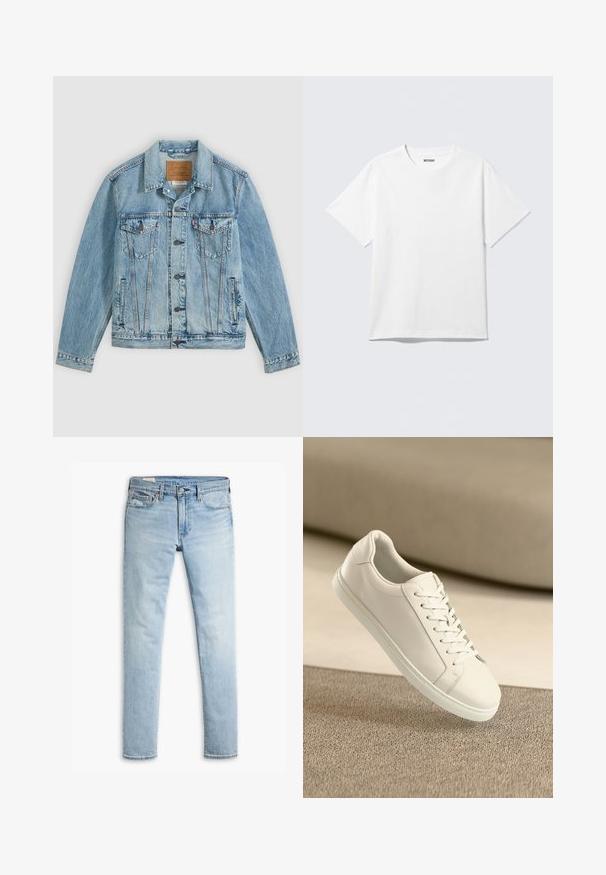 Hellblaue Jeansjacke mit Knopfleiste vorne, zwei Brustklappentaschen mit Knöpfen und zwei seitlichen Leistentaschen, flach auf grauem Hintergrund liegend.; Weißes T-Shirt mit kurzen Ärmeln und Rundhalsausschnitt, flach liegend, schlichtes Design, mit „WEEKDAY“-Etikett innen im Kragen auf hellem Hintergrund.; Helle blaue, schmal geschnittene Jeans aus Denim mit Knopf- und Reißverschluss, Fronttaschen und Gürtelschlaufen auf weißem Hintergrund.; Weißes Leder Sneaker mit weißen Schnürsenkeln, auf einer beigefarbenen strukturierten Oberfläche präsentiert, und einem sanft verschwommenen Hintergrund.