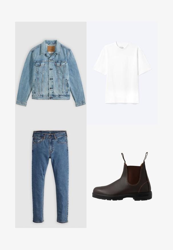 Chaqueta vaquera azul clara con botones delanteros, dos bolsillos de solapa en el pecho con botones y dos bolsillos laterales, colocada plana sobre un fondo gris.; Camiseta lisa blanca de manga corta y cuello redondo con un corte relajado, mostrada sobre un fondo claro.; Jeans de mezclilla azul con corte recto, cinco bolsillos, costuras naranjas y un cierre clásico de botón y cremallera. Textura desgastada a lo largo de las piernas.; Bota Chelsea de cuero marrón con panel elástico lateral, costuras marrones, tiradores y suela de goma resistente con un patrón texturizado.