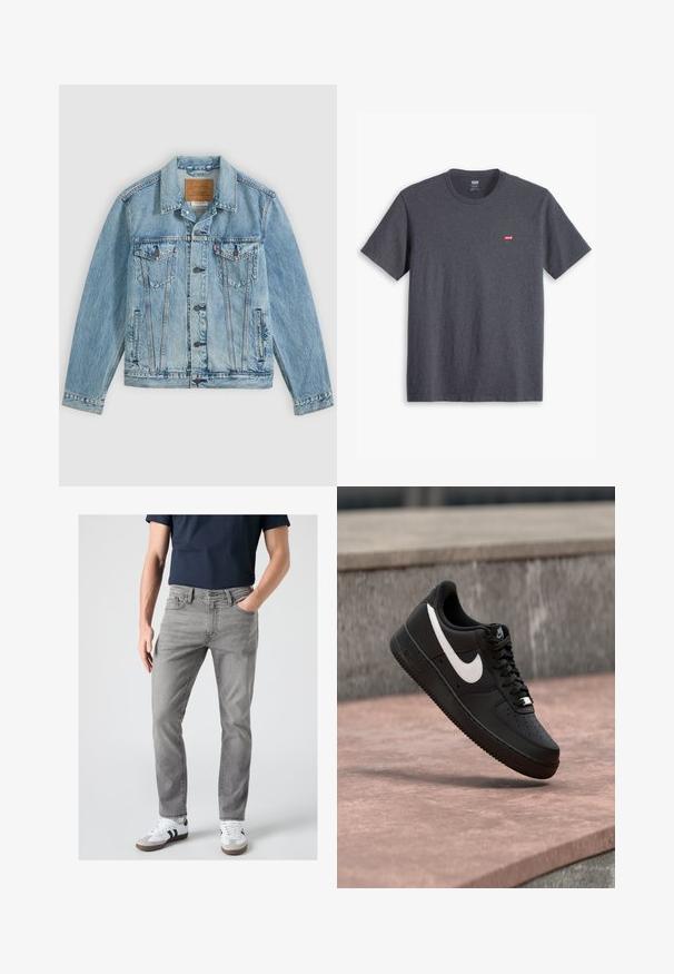 Hellblaue Jeansjacke mit Knopfleiste vorne, zwei Brustklappentaschen mit Knöpfen und zwei seitlichen Leistentaschen, flach auf grauem Hintergrund liegend.; Graues Rundhals-T-Shirt aus Baumwolle, mit kurzen Ärmeln und einem kleinen roten Markenlogo auf der oberen linken Brust. Weicher Stoff, klassischer Schnitt.; Mann trägt graue Slim-Fit-Jeans, weiße Sneaker mit schwarzen Streifen und ein dunkelblaues kurzärmeliges Hemd, steht mit einer Hand in der Tasche.; Schwarzer Nike Air Force 1 Sneaker mit weißem Swoosh-Logo, der über einer Steinformation schwebt, vor einem grauen strukturierten Hintergrund.