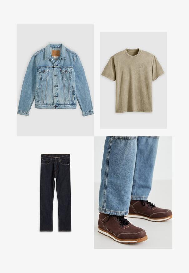 Hellblaue Jeansjacke mit Knopfleiste vorne, zwei Brustklappentaschen mit Knöpfen und zwei seitlichen Leistentaschen, flach auf grauem Hintergrund liegend.; Helles braunes T-Shirt mit kurzen Ärmeln und Rundhalsausschnitt, aus weichem Stoff gefertigt. Verfügt über ein kleines, gesticktes Logo auf der Brust.; Dunkelblaue, gerade geschnittene Jeans aus Denim mit Fronttaschen, Gürtelschlaufen und kontrastierendem orangefarbenem Nähen, flach auf weißem Hintergrund ausgelegt.; Braune Lederschuhe mit schwarzen Schnürsenkeln, weißer Naht und gummierter Sohle. Kombiniert mit hellblauen Denim-Jeans in leicht lockerer Passform.