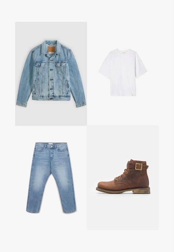 Hellblaue Jeansjacke mit Knopfleiste vorne, zwei Brustklappentaschen mit Knöpfen und zwei seitlichen Leistentaschen, flach auf grauem Hintergrund liegend.; Weißes T-Shirt mit kurzen Ärmeln aus weichem Stoff. Hat einen runden Ausschnitt und eine lässige Passform mit geradem Saum. Keine Muster oder Hardware.; Hellblaue Jeans aus Denim mit geradem Bein, fünf Taschen, Metallknopfverschluss und dezenten Ausbleichungen auf dem Stoff.; Harley Davidson VNTGMOTO SHORT RIDING APPROVED - Cowboy-/Bikerstiefelette - brown