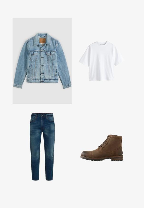 Hellblaue Jeansjacke mit Knopfleiste vorne, zwei Brustklappentaschen mit Knöpfen und zwei seitlichen Leistentaschen, flach auf grauem Hintergrund liegend.; Next BOXY FIT - HEAVYWEIGHT T-SHIRT . - T-Shirt basic - white; Blaue Denim-Jeans mit geradem Bein, frontaler Knopfleiste und Reißverschluss sowie fünf Taschen, gezeigt vor weißem Hintergrund.; Brauner Leder-Stiefel mit Schnürung vorne und robuster Sohle, geeignet für Freizeit- oder Outdoor-Einsätze.