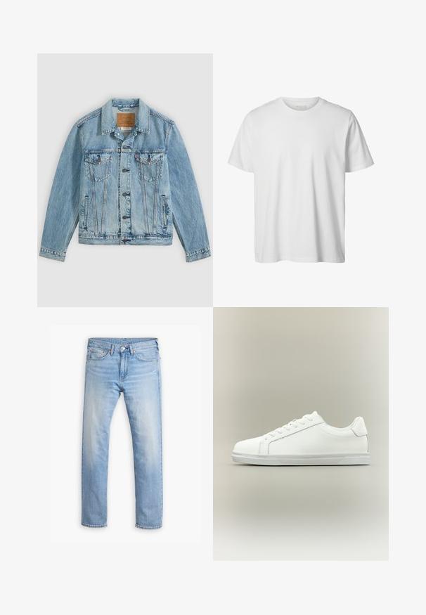 Lyseblå denimjakke med knapper foran, to brystklaplommer med knapper og to sidelommer, lagt fladt på en grå baggrund.; Enkelt hvid T-shirt med korte ærmer og rund hals, løs pasform og uden synlige logoer eller designs foran.; Lyseblå denimjeans med lige snit, fem lommer og knaplukning. Har subtilt slid og orange syninger som detaljer.; Lavtop hvid sneaker med snørelukning foran og tekstureret gummisål mod en ensartet neutral baggrund.