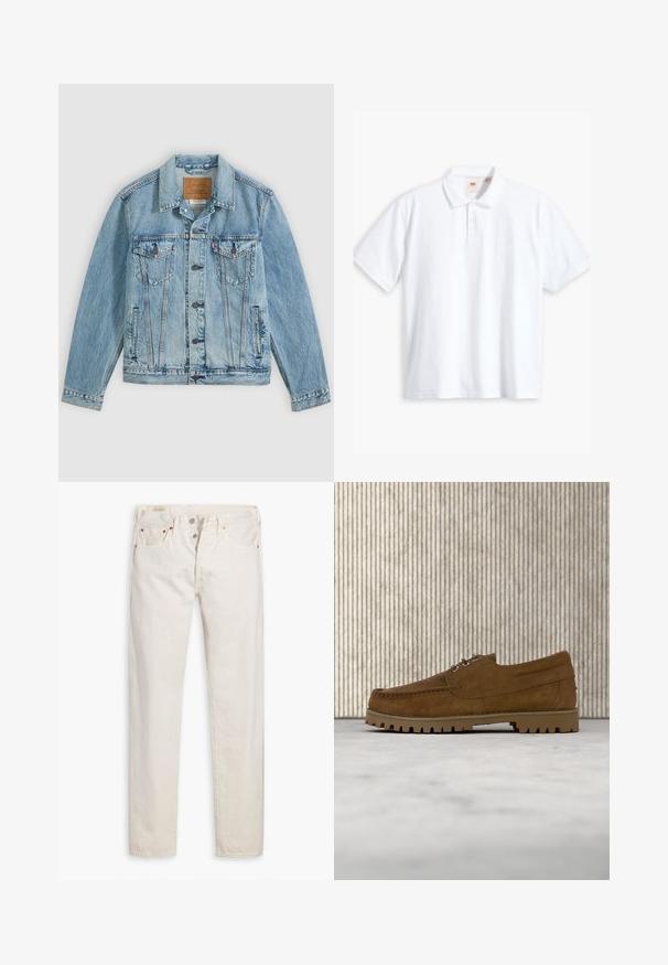 Veste en denim bleu clair avec fermeture à boutons sur le devant, deux poches poitrine à rabat avec boutons et deux poches latérales passepoilées, posée à plat sur un fond gris.; Polo blanc, en coton, à manches courtes, patte de boutonnage à deux boutons, logo de la marque brodé sur la poitrine, col classique, couleur unie.; Jeans slim-fit taille haute couleur écru avec fermeture à boutons, cinq poches et rivets en cuivre, posés à plat sur un fond blanc.; Chaussure à lacets en daim marron avec semelle épaisse et striée flottant au-dessus d'un tapis beige, avec une table ovale marron en arrière-plan.