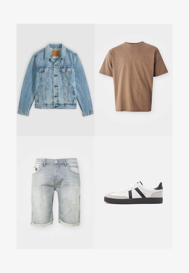 Veste en denim bleu clair avec fermeture à boutons sur le devant, deux poches poitrine à rabat avec boutons et deux poches latérales passepoilées, posée à plat sur un fond gris.; T-shirt en coton marron avec un col rond, des manches courtes et un logo brodé discret sur le côté gauche de la poitrine. Texture lisse, coupe décontractée.; Shorts en denim bleu clair avec un délavage usé, des revers roulés, des poches avant et des détails déchirés sur la cuisse. Fermeture à bouton à la taille.; Baskets blanches avec des accents noirs et gris, présentant un embout texturé gris, une semelle en caoutchouc noir et des lacets plats blancs. Design épuré, style minimaliste.