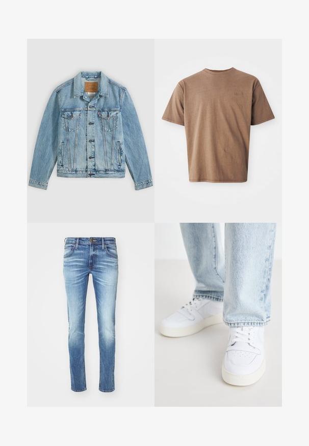 Veste en denim bleu clair avec fermeture à boutons sur le devant, deux poches poitrine à rabat avec boutons et deux poches latérales passepoilées, posée à plat sur un fond gris.; T-shirt en coton marron avec un col rond, des manches courtes et un logo brodé discret sur le côté gauche de la poitrine. Texture lisse, coupe décontractée.; Jean en denim bleu clair avec un design délavé, coupe droite, style à cinq poches, fermeture à bouton en métal et coutures contrastées.; Baskets basses en cuir blanc avec un bout perforé, des lacets plats et un design minimaliste. Associées à un jean en denim bleu clair.