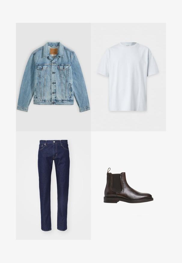 Lyseblå denimjakke med knapper foran, to brystklaplommer med knapper og to sidelommer, lagt fladt på en grå baggrund.; Enkel hvid t-shirt med korte ærmer og rund hals, lagt fladt på en hvid baggrund.; Mørkeblå denim jeans med lige pasform, fem-lomme design, kontrasterende orange syninger og en sølvknaplukning i taljen.; Brune læder Chelsea støvle med elastiske sidepaneler, løkke til at trække op med, og en lav stablet hæl. Glat tekstur og slank silhuet.
