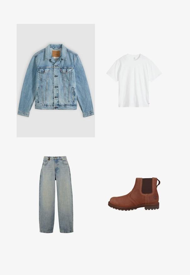 Chaqueta vaquera azul clara con botones delanteros, dos bolsillos de solapa en el pecho con botones y dos bolsillos laterales, colocada plana sobre un fondo gris.; Camiseta blanca de algodón con cuello redondo, mangas cortas y un ajuste relajado. Presenta una pequeña etiqueta de la marca en la parte inferior izquierda.; Jeans de mezclilla azul claro con un corte relajado, que presentan una cintura alta, piernas anchas, diseño clásico de cinco bolsillos y acentos de herrajes de metal.; Botín Chelsea de cuero marrón con paneles laterales elásticos, detalles cosidos y una suela de goma con un patrón de relieve. Incluye un detalle de logo.