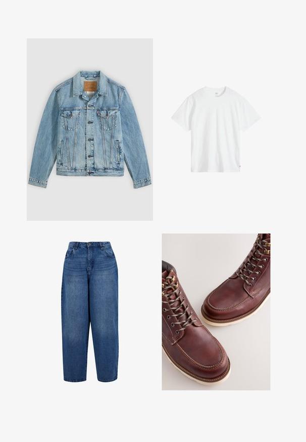Lyseblå denimjakke med knapper foran, to brystklaplommer med knapper og to sidelommer, lagt fladt på en grå baggrund.; Hvid bomulds-T-shirt med rund hals, korte ærmer og afslappet pasform. Har et lille mærke nederst til venstre.; Højtaljede straight-leg jeans i mellemblå denim. Har fem-lomme design, metalknap lukning og dobbelt-stitchet kant.; Brune læderstøvler med en glat finish, med metal-øjer, grå snørebånd og en cremefarvet gummisål. Syning langs kanterne som detalje.