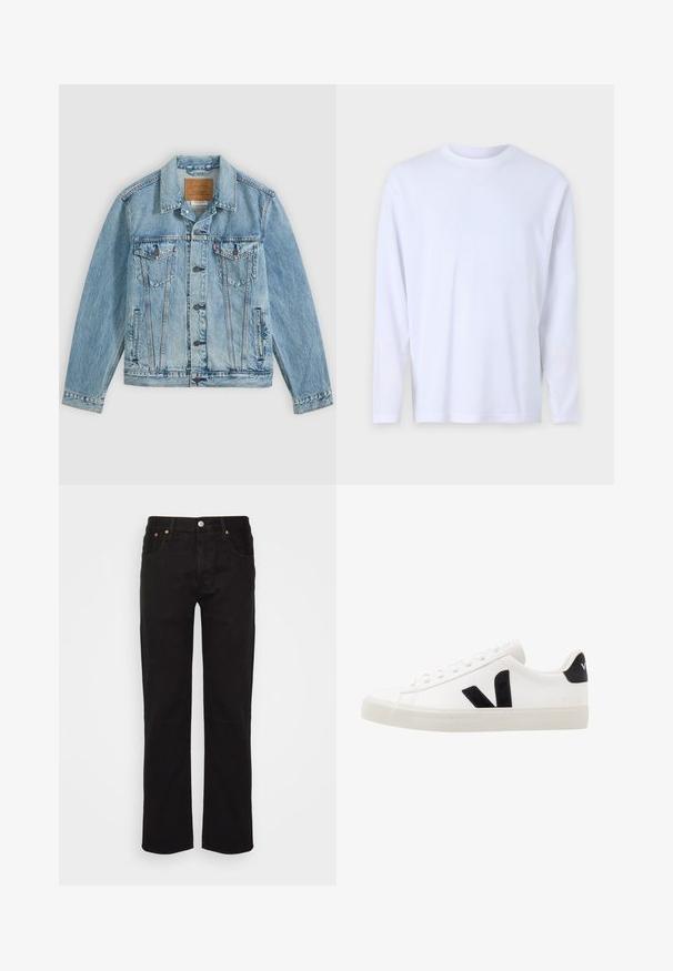 Hellblaue Jeansjacke mit Knopfleiste vorne, zwei Brustklappentaschen mit Knöpfen und zwei seitlichen Leistentaschen, flach auf grauem Hintergrund liegend.; Weißes Langarm-T-Shirt aus weicher Baumwolle, mit Rundhalsausschnitt und dezenten Nähdetails an der Vorderseite und den Schultern.; Schwarze gerade geschnittene Jeans aus Baumwolle. Verfügt über fünf Taschen, einen Metallknopf und orangefarbene Nähte an der Vorderseite.; Weiße Leder-Sneaker mit schwarzen Wildlederelementen; verfügen über eine Gummisohle, eine runde Spitze und ein klassisches Schnürdesign. Seitliches Logo in Schwarz.