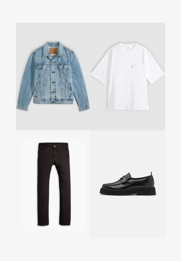 Lyseblå denimjakke med knapper foran, to brystklaplommer med knapper og to sidelommer, lagt fladt på en grå baggrund.; Hvid bomulds-T-shirt med korte ærmer, rund hals og lomme på venstre bryst. Har en lille rød logoetiket på lommen.; Sorte slim-fit jeans med fem lommer og knaplukning, præsenteret fladt på en hvid baggrund.; Sorte læder loafersko i stil med flad, tekstureret sål, med en syet tå og en rem over vristen.