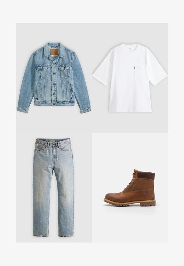 Chaqueta vaquera azul clara con botones delanteros, dos bolsillos de solapa en el pecho con botones y dos bolsillos laterales, colocada plana sobre un fondo gris.; Camiseta blanca de algodón con mangas cortas, cuello redondo y bolsillo en el pecho izquierdo. Presenta una pequeña etiqueta con logo rojo en el bolsillo.; Jeans de mezclilla azul claro de cintura alta, con botón frontal, cremallera y diseño de cinco bolsillos, dispuestos sobre un fondo neutro.; Botas de senderismo de cuero marrón con un acabado suave, tobillo acolchado, ojales de metal y suela de goma con un patrón de tracción robusto.