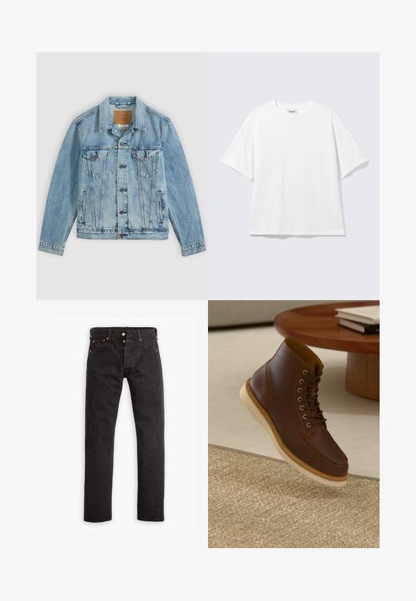 Lichtblauwe spijkerjas met knopen aan de voorkant, twee borstklepzakken met knopen en twee zijpaszakken, plat neergelegd op een grijze achtergrond.; Witte oversized T-shirt met korte mouwen, ronde hals en verlaagde schouders, plat op een lichtgrijze achtergrond.; Zwarte slim-fit jeans met knoopsluiting, vijf zakken en koperen klinknagels, plat gelegd op een witte achtergrond.; Bruine leren enkelboot met beige zool op een gestructureerd beige vloerkleed naast een ronde houten tafel met opgestapelde boeken.