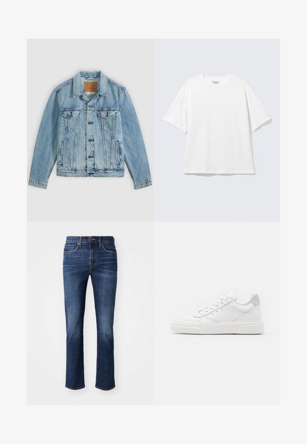 Veste en denim bleu clair avec fermeture à boutons sur le devant, deux poches poitrine à rabat avec boutons et deux poches latérales passepoilées, posée à plat sur un fond gris.; T-shirt blanc oversize à manches courtes, col rond, épaules tombantes, posé à plat sur fond gris clair.; Jean bleu foncé avec une coupe droite. Les caractéristiques incluent une fermeture éclair, des poches avant et un léger décoloration au niveau des cuisses. Fabriqué en tissu denim.; Des baskets en cuir blanc avec une finition lisse, un bout rond, des lacets plats et une semelle texturée. Accents en daim gris au niveau du talon.