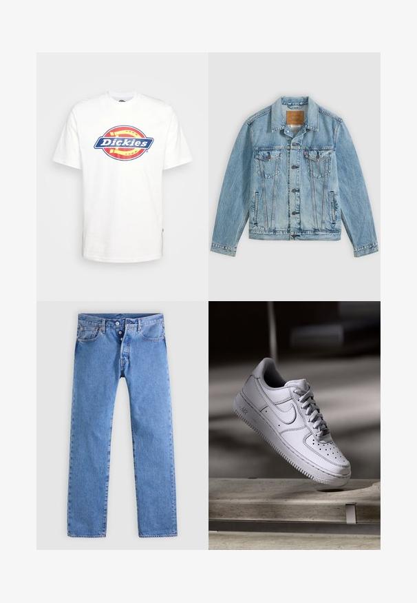Lyseblå denimjakke med knapper foran, to brystklaplommer med knapper og to sidelommer, lagt fladt på en grå baggrund.; Hvid bomulds t-shirt med et blåt og rødt cirkulært "Dickies" logo i midten. Korte ærmer og rund hals design.; Lyseblå denimjeans med et lige ben design, fem lommer og to-knaps lynlås. Har minimal falmen og kontrastsyning.; Hvid læder Nike Air Force 1 sneaker med perforeret tå, flade snørebånd og tekstureret gummisål med "AIR" branding på siden.