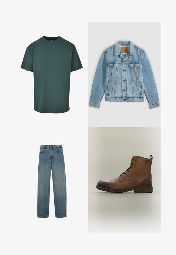 Lichtblauwe spijkerjas met knopen aan de voorkant, twee borstklepzakken met knopen en twee zijpaszakken, plat neergelegd op een grijze achtergrond.; Donkergroene katoenen t-shirt met een ronde hals, korte mouwen en een rechte zoom. Zachte textuur, casual pasvorm en een eenvoudig ontwerp.; Vervaagde blauwe denim jeans met een recht pijp ontwerp, vijf-pocket stijl en een knoopsluiting. Materiaal vertoont lichte textuur en slijtage.; Bruine leren enkellaars met veters, zwarte neuskap, ronde zool en merkdetail aan de zijkant tegen een effen achtergrond.