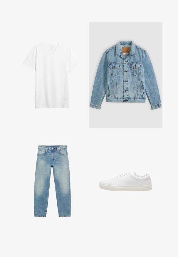 Lyseblå denimjakke med knapper foran, to brystklaplommer med knapper og to sidelommer, lagt fladt på en grå baggrund.; Hvid kortærmet v-hals t-shirt lavet af bomuld. Har en afslappet pasform og en glat tekstur uden synlige mønstre eller grafik.; Blå straight-leg denim jeans med forlommer og bæltestropper, der viser let falmede detaljer på lår og knæ.; Hvide lædersneakers med en glat overflade, rund tå, snørebåndslukning og flad gummisål. Minimalistisk design uden synlige mønstre.