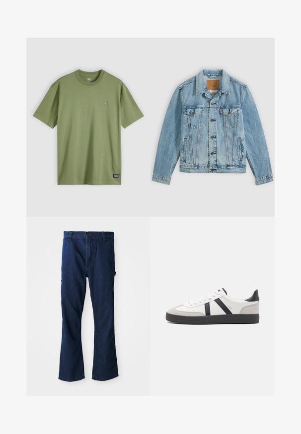 Veste en denim bleu clair avec fermeture à boutons sur le devant, deux poches poitrine à rabat avec boutons et deux poches latérales passepoilées, posée à plat sur un fond gris.; T-shirt en coton vert olive avec un col rond et des manches courtes. Comprend un petit patch logo discret sur la poitrine et une étiquette de marque tissée à l'ourlet.; Jean en denim bleu avec une coupe droite, fermeture à bouton et deux poches latérales, légèrement décolorés.; Baskets blanches avec des accents noirs et gris, présentant un embout texturé gris, une semelle en caoutchouc noir et des lacets plats blancs. Design épuré, style minimaliste.