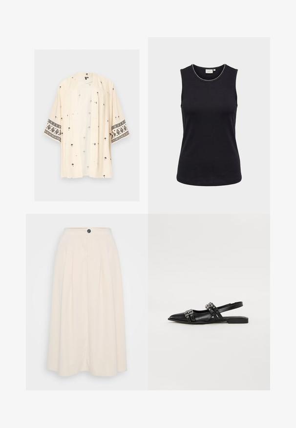 Lyst beige kimono med åben front med sorte palmeprints spredt og sorte geometriske mønstre på brede ærmer.; Sort ærmeløs damebluse med rund halsudskæring og diskret hvid bølget kant langs kanterne mod lys baggrund.; En cremefarvet midi-nederdel med læg, frontknaplukning og en glat tekstur, designet til en afslappet pasform.; Even&Odd by Zalando Slingback-ballerinasko - black