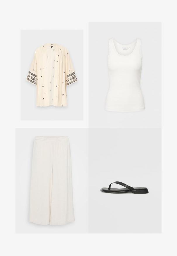 Lyst beige kimono med åben front med sorte palmeprints spredt og sorte geometriske mønstre på brede ærmer.; Hvid ribbet tanktop med bølget halsudskæring og ærmekanter, vist på en ensartet lys baggrund.; Hvide linned culotter med elastisk talje, brede ben og en tekstureret overflade. Beklædningen har en løs, afslappet pasform for komfort.; Sorte flip-flops lavet af glat læder, med et tyndt remdesign og en flad sål med et minimalt profil. Ingen bemærkelsesværdige mønstre eller accenter.
