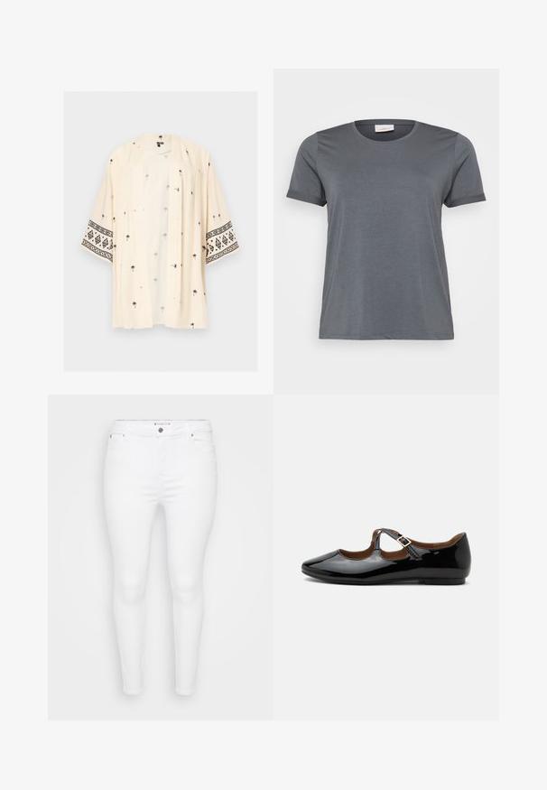 Lyst beige kimono med åben front med sorte palmeprints spredt og sorte geometriske mønstre på brede ærmer.; Grå kortærmet T-shirt lavet af blødt stof, med en klassisk rund halsudskæring og oprullede ærmer. Glat tekstur uden synlige mønstre.; Hvide stramme jeans lavet af denim med en glat tekstur, der har en frontknaplukning og bæltestropper. Ingen synlige mønstre eller detaljer.; Sort laklæder Mary Jane-flad sko med to udskæringer og en guldbuckelrem på hvid baggrund.