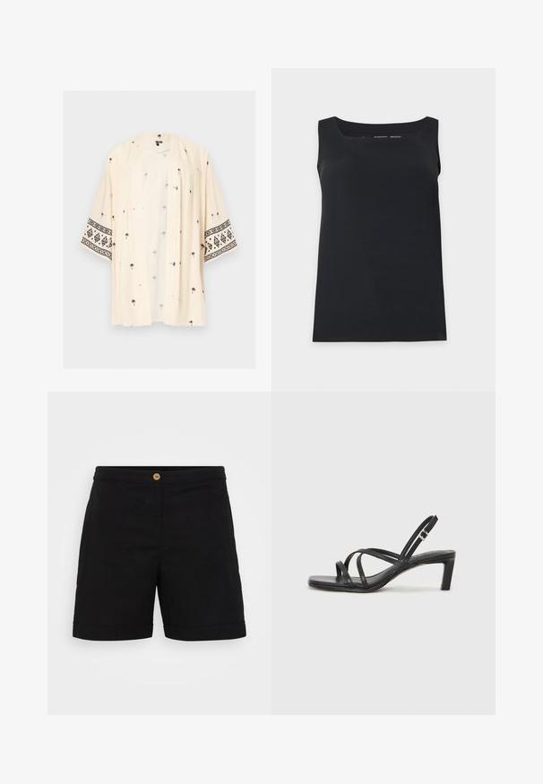 Hellbeiges Kimono mit offenem Vorderteil, schwarzen Palmenprints und schwarzen geometrischen Mustern auf weiten Ärmeln.; Schwarzes ärmelloses Tanktop mit quadratischem Ausschnitt, auf einfachem hellem Hintergrund präsentiert.; Schwarze Leinenkurze mit einem schlanken Design, das einen einzelnen Holzknopf an der Taille und einen umgeschlagenen Saum aufweist. Sanfte Textur mit Seitentaschen.; Schwarze Sandale mit Riemchen, quadratischer Zehenform und niedrigem Blockabsatz. Verfügt über mehrere dünne Riemen und einen verstellbaren Knöchelriemen. Hergestellt aus glattem Leder.