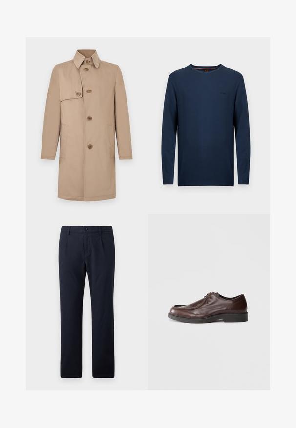Beiger Trenchcoat aus glattem Stoff, mit hohem Kragen, drei großen Knöpfen und zwei Seitentaschen. Gerader Schnitt.; Marineblaues Langarmshirt mit Rundhalsausschnitt, strukturierter Oberfläche, dezentem Logo-Stick und klassischem Schnitt. Weicher Stoff, gerippter Halsausschnitt.; Marineblaue Hosen aus einem Baumwoll-Mischgewebe, mit einem flachen Vorderdesign, zwei Seitentaschen und dezenten Falten.; Braune Lederdressschuhe mit einer abgerundeten Spitze, minimalen Nähakzenten und einer robusten schwarzen Sohle. Verfügt über eine Schnürung und eine glatte Textur.