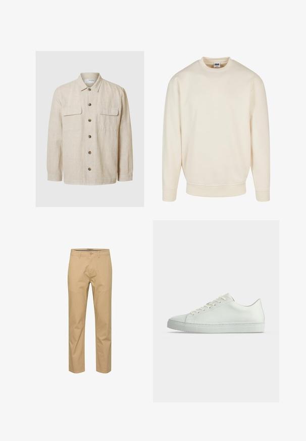 Chemise en lin beige clair à manches longues, fermeture à boutons sur le devant, deux poches poitrine et boutons marron. Texture lisse avec un design décontracté.; Sweatshirt couleur crème avec un col et des poignets côtelés. Présente une coupe décontractée, une texture douce et aucun motif ou graphique visible.; Chinos en coton beige avec une coupe droite, passants de ceinture, fermeture à bouton à l'avant et deux poches latérales. Texture lisse avec peu de plis.; Baskets basses blanches avec lacets, empeigne en cuir lisse et semelle plate en caoutchouc, vues de profil sur un fond uni.