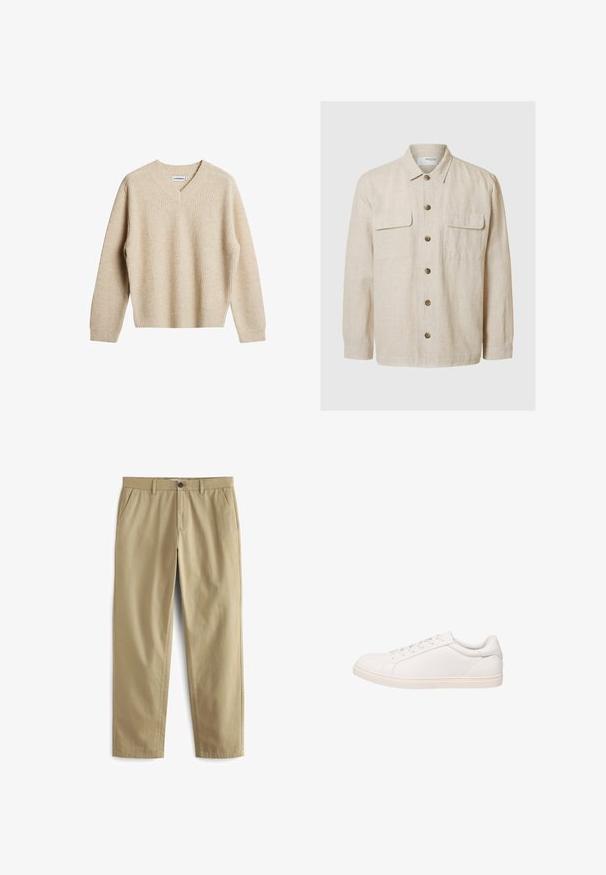 Licht beige linnen shirt met lange mouwen, knoopsluiting aan de voorkant, twee borstzakken en bruine knopen. Glad textuur met een casual ontwerp.; Beige, geribbelde trui met V-hals en lange mouwen. Heeft een ontspannen pasvorm en een gestructureerde stof voor extra warmte en comfort.; Beige broeken van een katoenmix, met een knoopsluiting, twee voorzakken en rechte pijpen met een minimale textuur.; Witte low-top sneaker met veterluiting en platte zool, weergegeven in zijprofiel op een witte achtergrond.