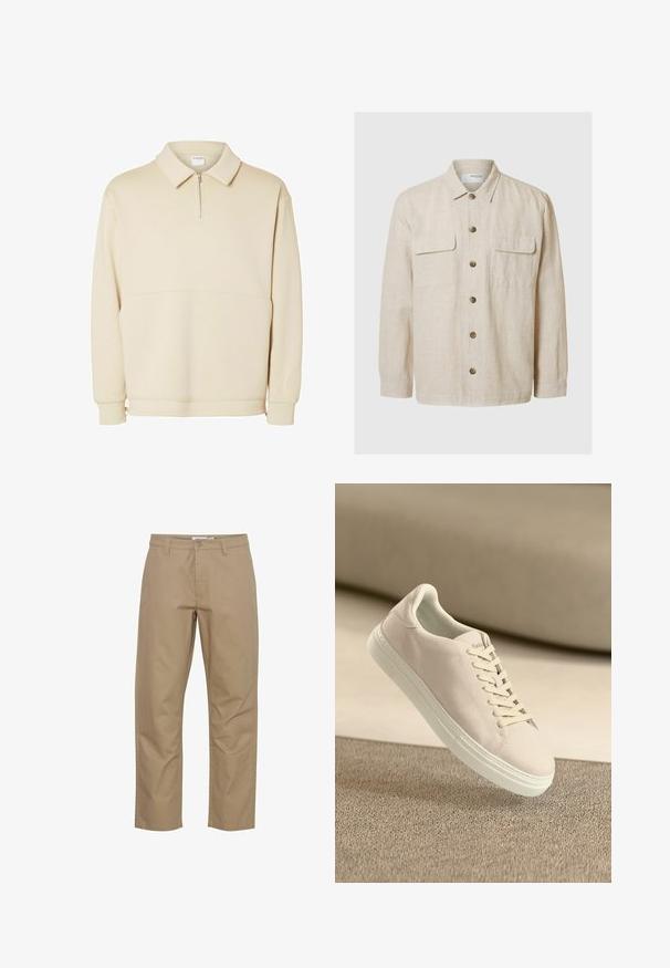 Kerge beež linane särk pikade varrukatega, esifaas jahelukk, kaks rinnaülemist taskut ja pruunid nupud. Libe tekstuur ja lõbus disain.; Beige pullover särk pehmest kangast, millel on lukuga kaelus, krae ja vabalt langev lõige koos lihtsa horisontaalse õmbluse detailiga.; Beige puuvillased püksid otse lõikega disainiga, millel on ees nupp ja tõmblukk, küljetaskud ning puhas viimistlus.; Bežist suède sneakers valgete tallaga ja valgete paelatega, kujutatuna hõljumas tekstureeritud bežikarva vaiba kohal pehme bežitausta vastu.