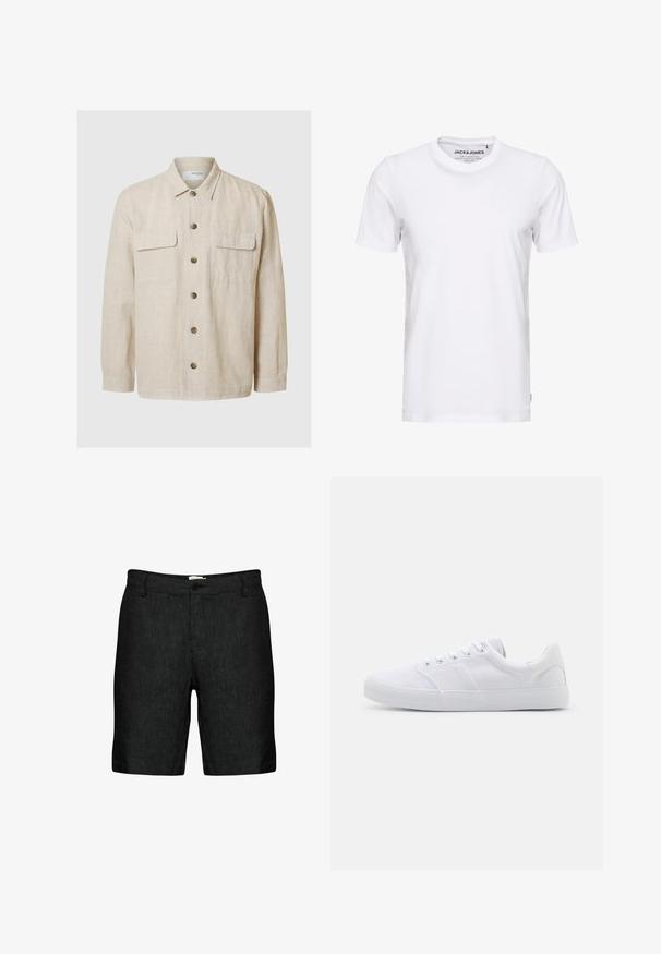 Camisa de lino beige claro con mangas largas, cierre frontal de botones, dos bolsillos en el pecho y botones marrones. Textura suave con un diseño casual.; Camiseta de manga corta blanca, hecha de algodón, con cuello redondo y un diseño sencillo. Etiqueta de la marca visible en la zona del cuello. Sin patrones ni detalles.; Pantalones cortos de lino negros con frente plano, trabillas para cinturón y cierre de un solo botón. Cuentan con una tela texturizada y perneras ligeramente adaptadas.; Zapatillas de lona blancas con suela de goma, que cuentan con seis ojales, una puntera texturizada y un diseño minimalista.