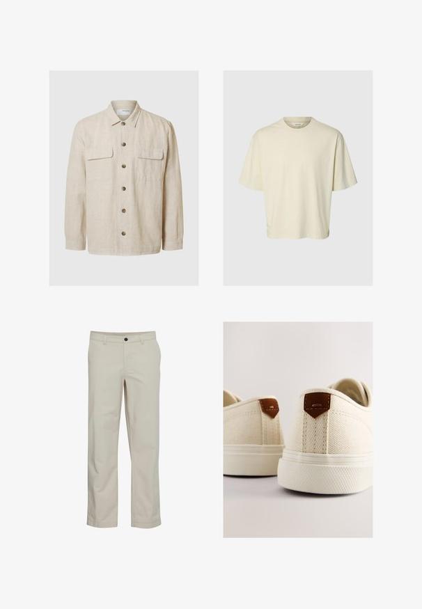 Lys beige linned skjorte med lange ærmer, frontknaplukning, to brystlommer og brune knapper. Glat tekstur med et afslappet design.; Simpel lysebeige bomuld T-shirt med korte ærmer og rund hals med afslappet pasform uden synlige mønstre eller logoer.; Beige bomuldsbukser med lige ben, frontlommer og enkelt knaplukning. Glat tekstur og minimale syningsdetaljer.; Lærreds-sneakers i creme med en struktureret finish, der har brune læderdetaljer ved hælen og en ydersål af gummi.