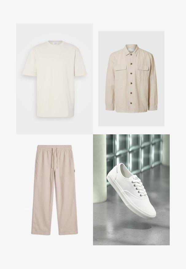 Licht beige linnen shirt met lange mouwen, knoopsluiting aan de voorkant, twee borstzakken en bruine knopen. Glad textuur met een casual ontwerp.; Korte mouwen t-shirt in gebroken wit, gemaakt van katoen. Klassiek ontwerp met ronde hals en een rechte snit met minimale stikseldetails.; Beige casual broek met elastische tailleband, trekkoord, zijzakken, rechte pijpen en subtiel logo op de rechterdij.; Witte lage canvas sneaker met veters, met label Tommy Hilfiger, getoond zwevend boven een gladde grijze vloer nabij een muur van glasblokken.