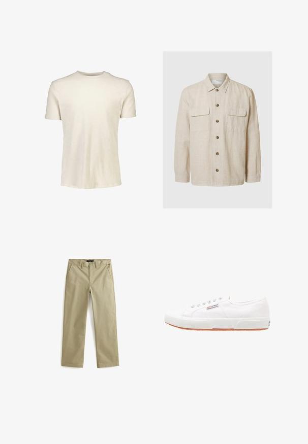 Lys beige linned skjorte med lange ærmer, frontknaplukning, to brystlommer og brune knapper. Glat tekstur med et afslappet design.; Kortærmet T-shirt i lyse beige, lavet af blødt bomuld. Har en rund halsudskæring og en glat tekstur uden mønstre eller grafik.; Beige bomulds chinos med lige ben design, der har to forlommer og en klassisk knaplukning. Glat tekstur, minimale detaljer.; Hvide kanvas sneakers med gummisål, snørebåndsdesign og et lille logo mærke på siden. Tekstureret hvid overdel og brun ydersål.