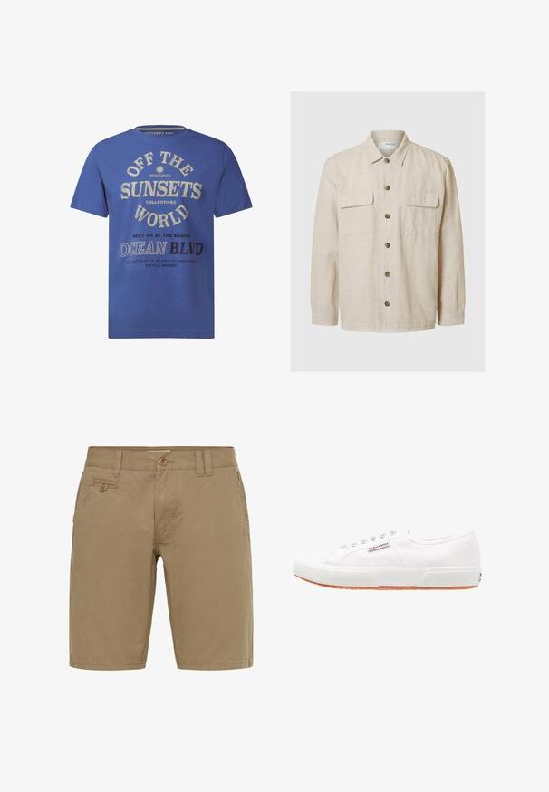 Camisa de lino beige claro con mangas largas, cierre frontal de botones, dos bolsillos en el pecho y botones marrones. Textura suave con un diseño casual.; Camiseta de manga corta azul, de material de algodón, con texto impreso en crema y negro, incluyendo "OFF THE SUNSETS" y "OCEAN BLVD."; Pantalones cortos caqui de mezcla de algodón, con corte recto, cierre de botón, bolsillos frontales y sutiles detalles de costura.; Zapatillas de lona blancas con suela de goma, diseño de cordones y una pequeña etiqueta con el logo en el lateral. Parte superior texturizada blanca y suela marrón.