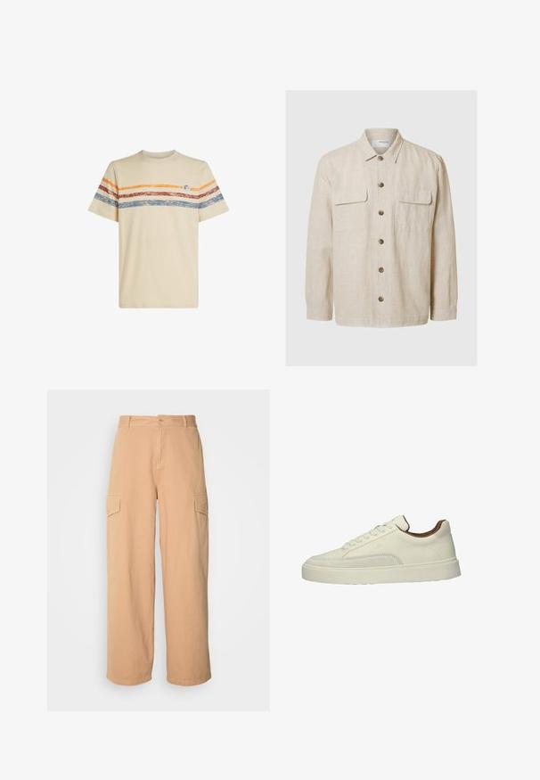 Lys beige linned skjorte med lange ærmer, frontknaplukning, to brystlommer og brune knapper. Glat tekstur med et afslappet design.; Cremefarvet bomulds t-shirt med horisontale striber i orange, rød og blå. Korte ærmer, rund halsudskæring og lille logo-detail på brystet.; Beige bredde cargo bukser lavet af letvægtsstof, med to sidelommer og knaplukning i taljen. Blød tekstur.; Hvide lædersneakers med brune ruskindsdetaljer, tekstureret sidepanel, rund tå og flad gummisål. Seks øjer snørebåndslukning.