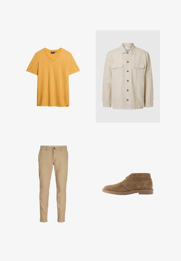 Camisa de lino beige claro con mangas largas, cierre frontal de botones, dos bolsillos en el pecho y botones marrones. Textura suave con un diseño casual.; Camiseta amarilla de cuello en V, hecha de una tela suave y texturizada. Mangas cortas y un corte relajado. Presenta una pequeña etiqueta de la marca en el costado inferior.; Pantalones ajustados para hombre de color beige con trabillas para cinturón, cierre frontal con botón y bolsillos laterales sobre un fondo blanco.; Zapato casual marrón de ante hasta el tobillo con dos ojales para cordones y suela cosida sobre fondo blanco, vista lateral.